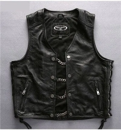 Asian Motorcycle Rider Thick Genuine Cowhide Slim Fit Vest for Men