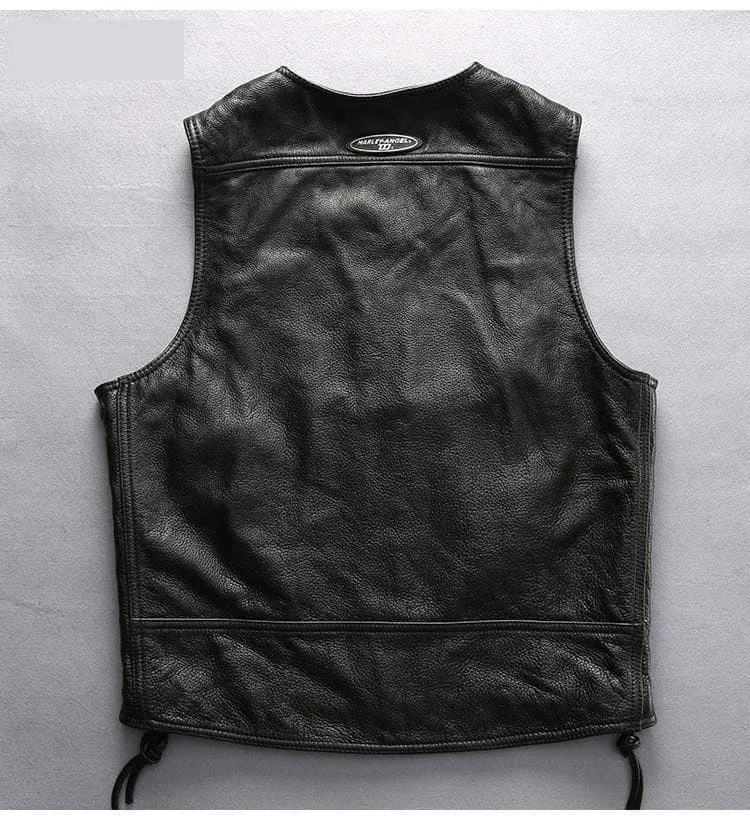 Asian Motorcycle Rider Thick Genuine Cowhide Slim Fit Vest for Men