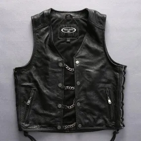 Asian Motorcycle Rider Thick Genuine Cowhide Slim Fit Vest for Men