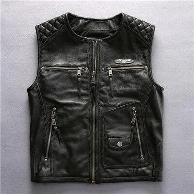 Asian Motorcycle Rider Thick Genuine Cowhide Slim Fit Vest for Men