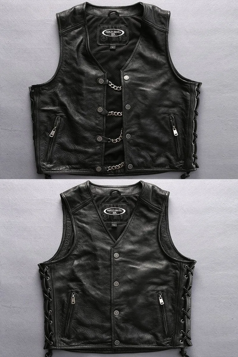 Asian Motorcycle Rider Thick Genuine Cowhide Slim Fit Vest for Men