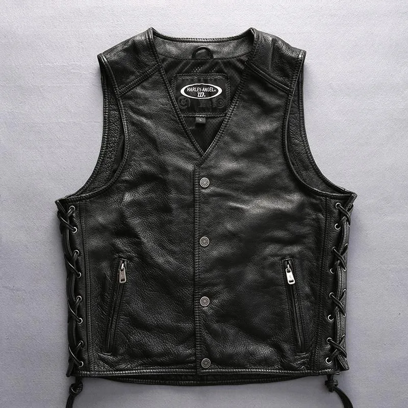 Asian Motorcycle Rider Thick Genuine Cowhide Slim Fit Vest for Men