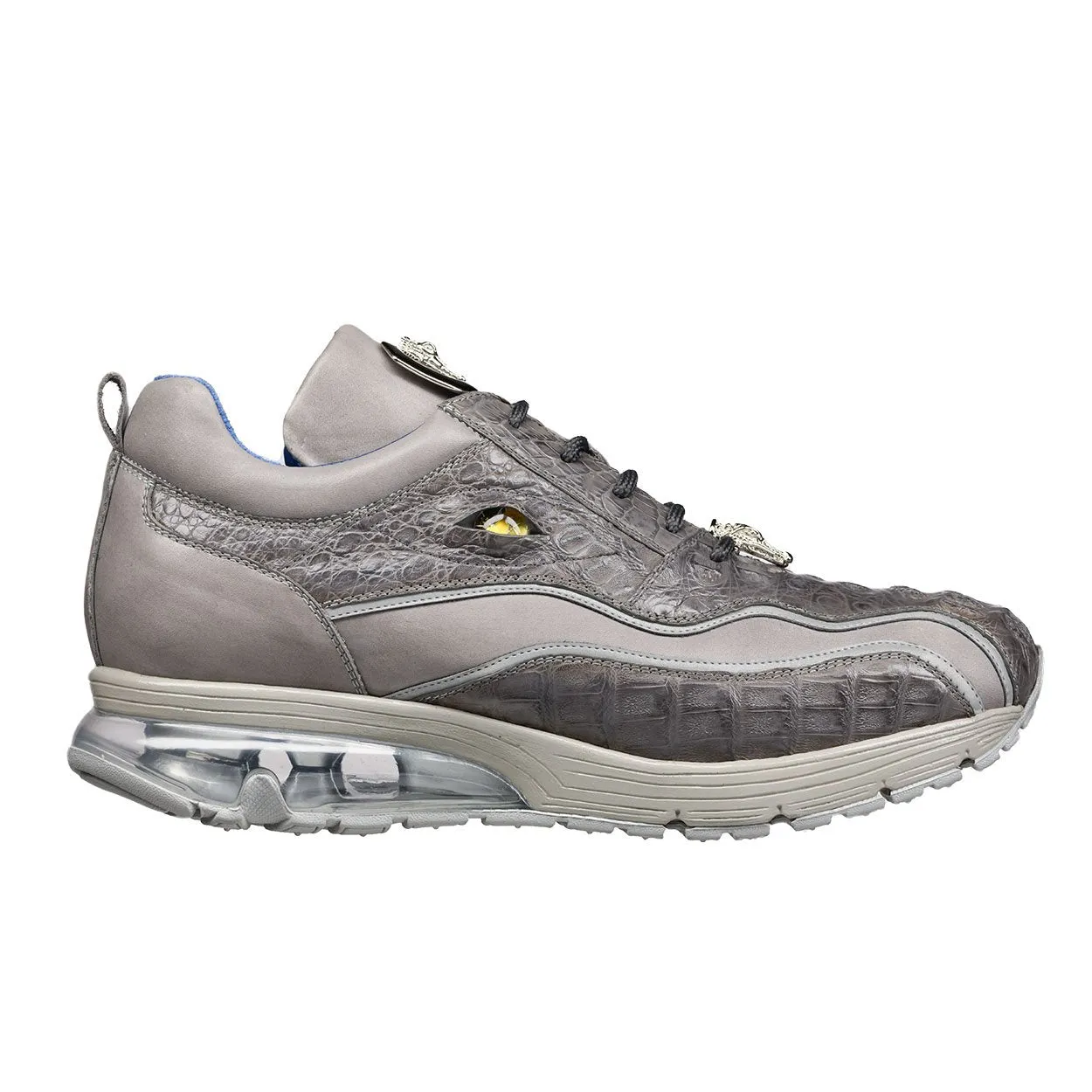 BELVEDERE E04 REXY MEN'S SHOES GRAY EXOTIC CAIMAN CROCODILE / CALF-SKIN LEATHER EYES CASUAL SNEAKERS (BV3016)