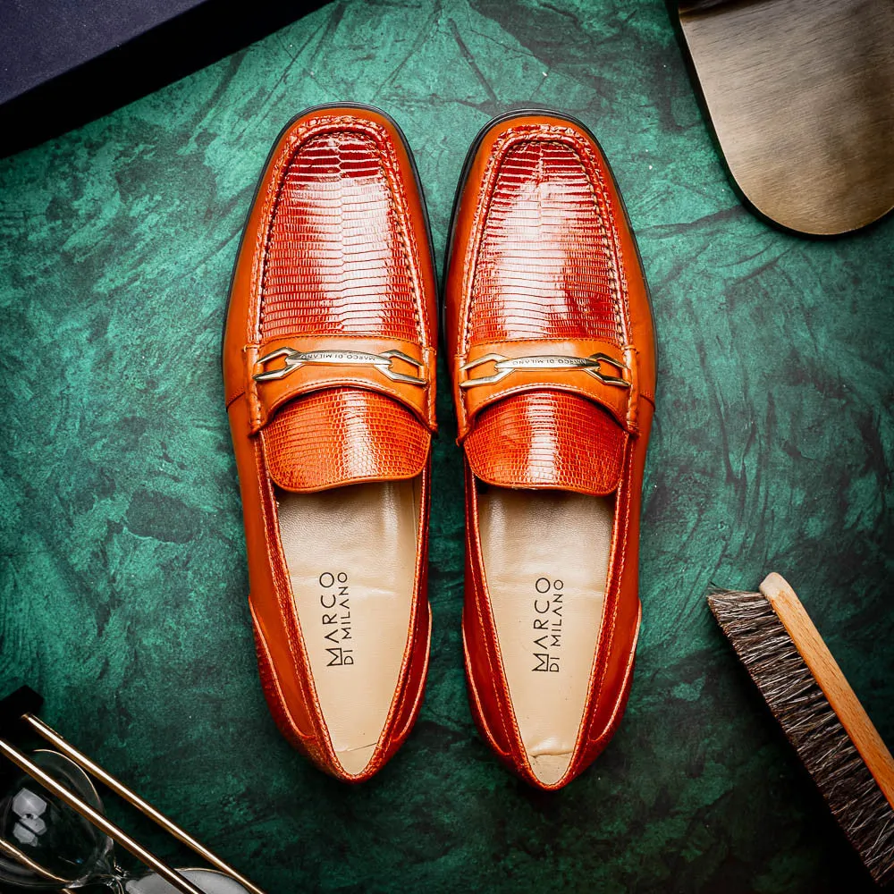 Marco Di Milano Hugo Lizard And Calfskin Cognac Bit Loafers