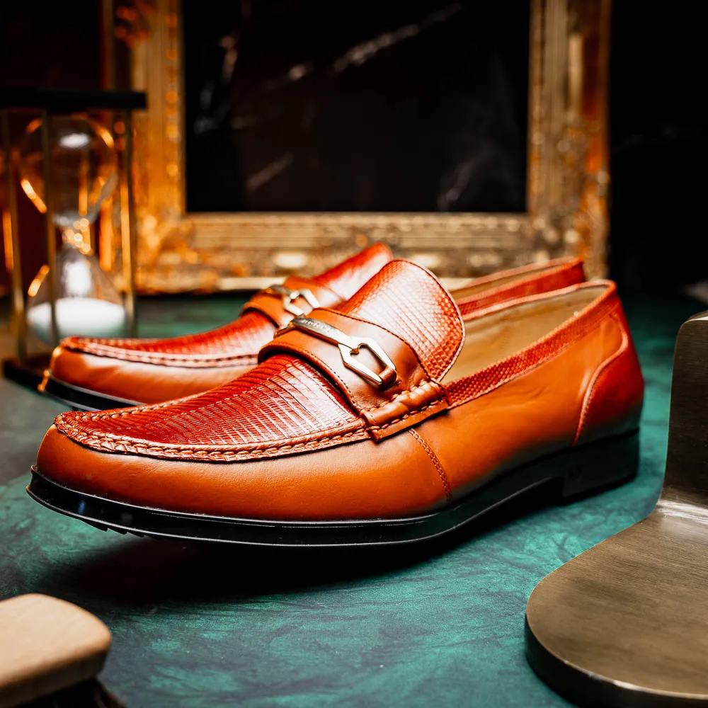 Marco Di Milano Hugo Lizard And Calfskin Cognac Bit Loafers