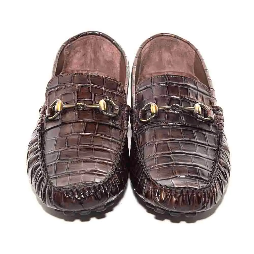 SIGOTTO UOMO Brown Italian Leather Crocodile Print Bit Moccasin