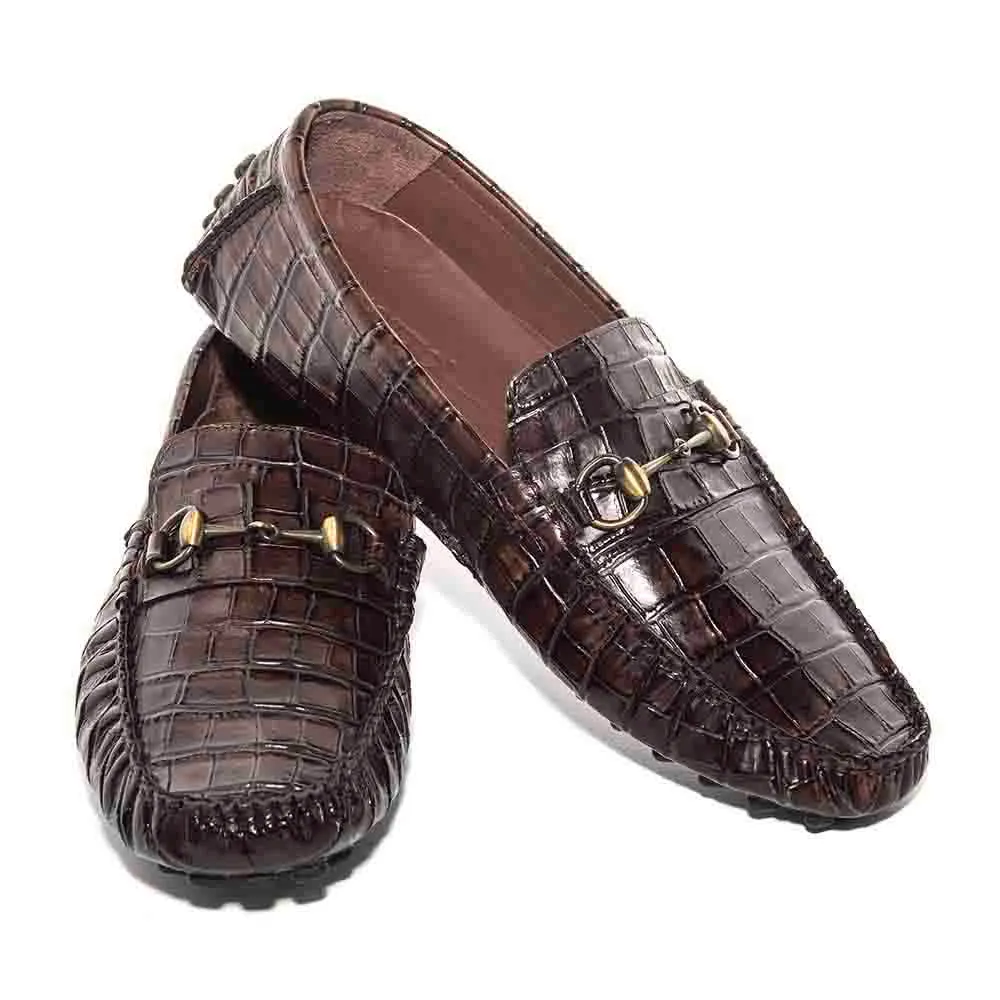 SIGOTTO UOMO Brown Italian Leather Crocodile Print Bit Moccasin