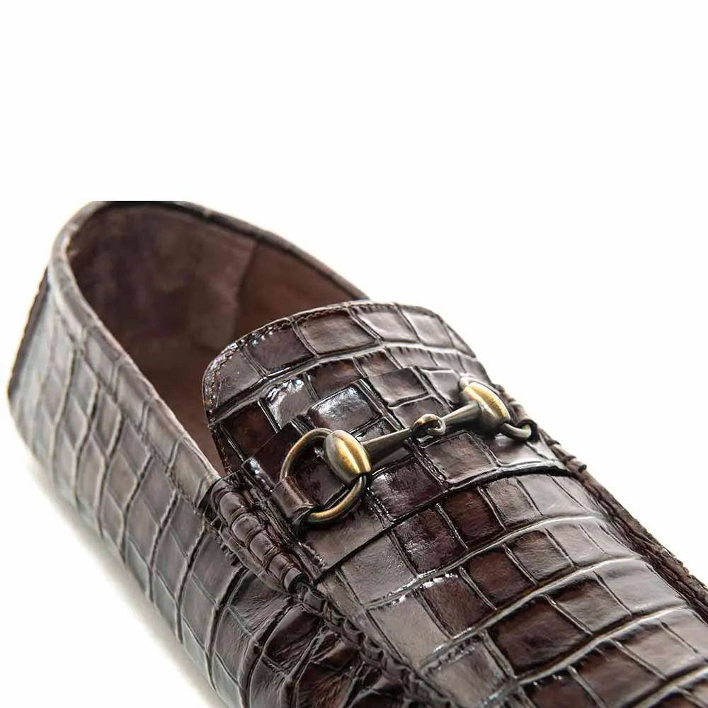 SIGOTTO UOMO Brown Italian Leather Crocodile Print Bit Moccasin