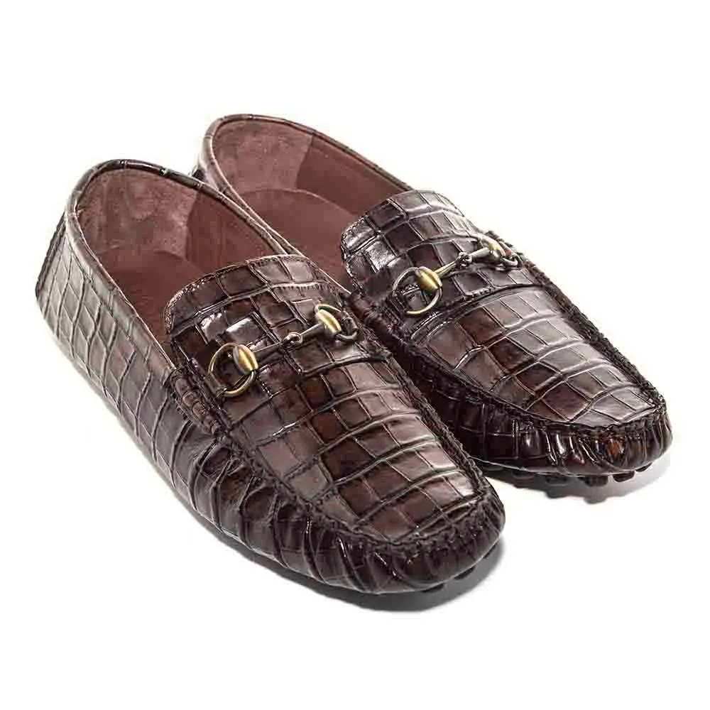 SIGOTTO UOMO Brown Italian Leather Crocodile Print Bit Moccasin