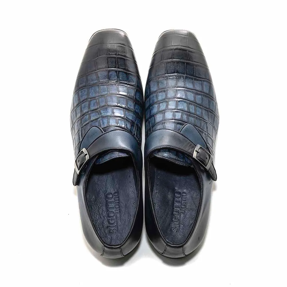 SIGOTTO Uomo Navy Blue Crocodile Buckle Monk Shoes