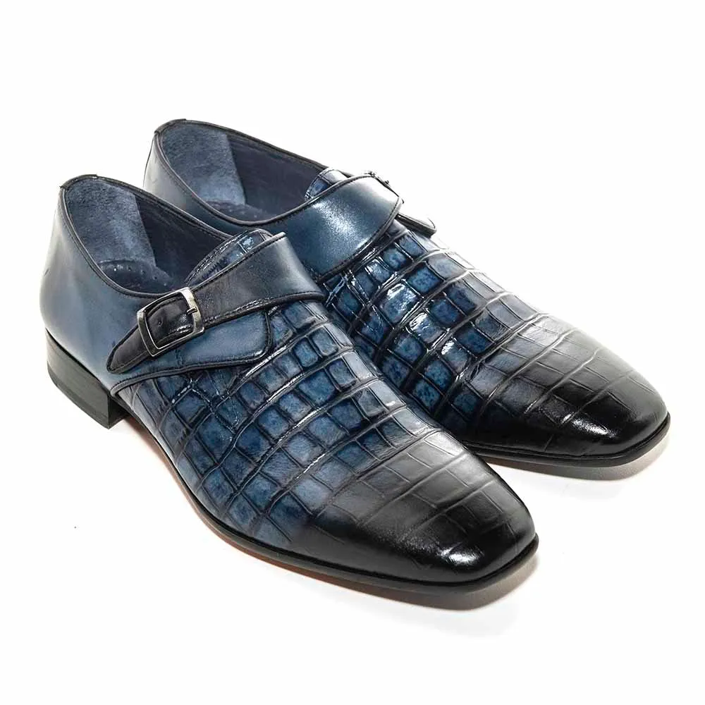 SIGOTTO Uomo Navy Blue Crocodile Buckle Monk Shoes