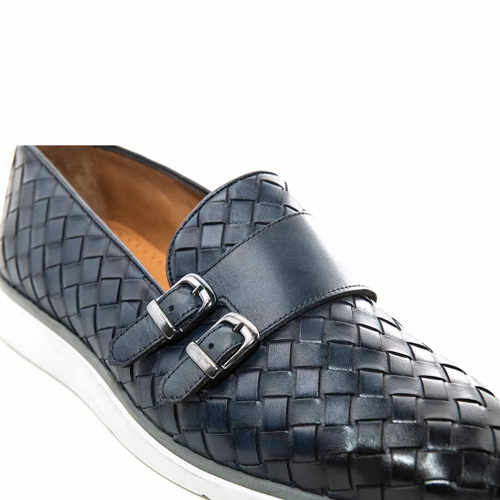 SIGOTTO UOMO Woven Double Buckle Navy Blue Soft Leather Casual Shoes