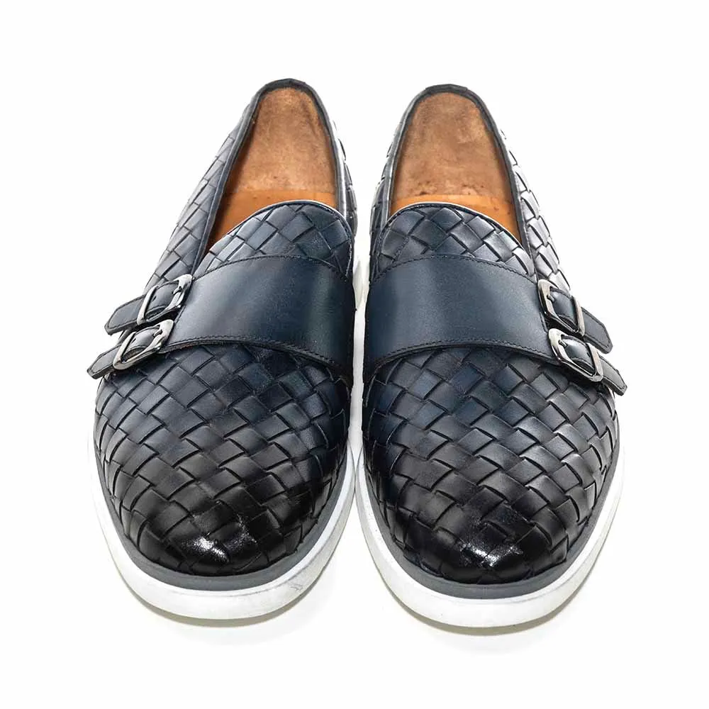 SIGOTTO UOMO Woven Double Buckle Navy Blue Soft Leather Casual Shoes